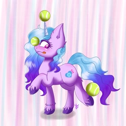 Size: 2297x2297 | Tagged: safe, artist:galaxy swirl, imported from derpibooru, izzy moonbow, pony, unicorn, spoiler:g5, spoiler:g5 movie, balancing, ball, blushing, ear fluff, female, g5, g5 movie, high res, horn, hornball, izzy's tennis ball, looking back, mare, ponies balancing stuff on their nose, raised hoof, solo, tennis ball, that pony sure does love tennis balls, tongue out, unshorn fetlocks