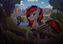 Size: 1755x1243 | Tagged: safe, artist:alicetriestodraw, imported from derpibooru, oc, oc only, oc:cinder, bat pony, pony, digital art, forest, illustration, lake, mountain, scenery, shield, solo, sword, tree, walking, weapon