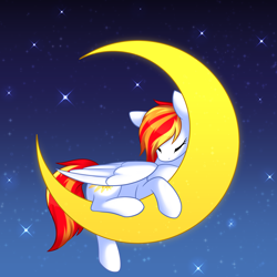 Size: 5000x5000 | Tagged: safe, artist:scarlet-spectrum, imported from derpibooru, oc, oc only, oc:diamond sun, pegasus, pony, commission, crescent moon, eyes closed, female, mare, moon, night, sky, sleeping, sleeping on moon, stars, tangible heavenly object, transparent moon, ych result