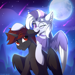 Size: 2634x2616 | Tagged: safe, artist:strafe blitz, imported from derpibooru, oc, oc only, oc:fisa, oc:hardy, alicorn, pegasus, pony, alicorn oc, biting, cel shading, concave belly, cute, duo, ear bite, horn, moon, night, ocbetes, red and black oc, shading, slim, thin, wings