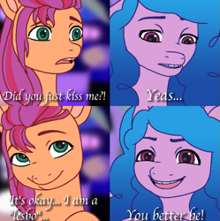 Size: 735x738 | Tagged: safe, artist:princesspeach5, imported from derpibooru, izzy moonbow, sunny starscout, earth pony, pony, unicorn, comic, dialogue, female, g5, izzyscout, lesbian, mare, meme, open mouth, ponified meme, shipping, smiling, text