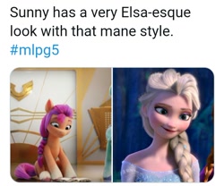 Size: 713x593 | Tagged: safe, imported from derpibooru, sunny starscout, earth pony, pony, comparison, disney, elsa, frozen (movie), g5, meta, text, twitter