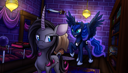 Size: 2800x1600 | Tagged: safe, artist:redahfuhrerking, artist:supersaiyand, imported from derpibooru, oleander, princess luna, alicorn, classical unicorn, pony, unicorn, fanfic:break the walls down, them's fightin' herds, bag of holding, book, bookshelf, cloven hooves, community related, crossover, crystal ball, fanfic art, leonine tail, oleander (tfh), story included, sword, unicornomicon, unshorn fetlocks, wand, weapon