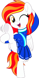 Size: 2498x5000 | Tagged: safe, artist:jhayarr23, imported from derpibooru, oc, oc only, oc:diamond sun, pegasus, pony, bipedal, cheerleader, cheerleader outfit, clothes, commission, female, flexing, holding leg, mare, one eye closed, open mouth, simple background, solo, standing, standing on one leg, transparent background, wink, ych result