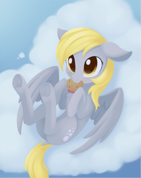 Size: 1221x1544 | Tagged: safe, artist:dusthiel, imported from derpibooru, derpy hooves, pegasus, pony, blushing, cloud, cute, derpabetes, food, frog (hoof), lying down, mouth hold, muffin, on back, underhoof