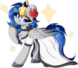 Size: 2198x1923 | Tagged: safe, artist:woonborg, imported from derpibooru, oc, oc only, oc:bluecode, pegasus, pony, clothes, dress, female, flower, flower in hair, mare, simple background, solo, transparent background