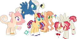 Size: 3674x1883 | Tagged: safe, artist:stalebread-chan, imported from derpibooru, oc, oc only, oc:dizzy balloons, oc:glittering fabric, oc:kitty coture, oc:midnight sun, oc:tulip may, earth pony, hybrid, pegasus, pony, unicorn, base used, coat markings, colored pupils, crack ship offspring, earth pony oc, facial markings, flying, freckles, horn, interspecies offspring, magical lesbian spawn, next generation, offspring, parent:big macintosh, parent:capper dapperpaws, parent:derpy hooves, parent:fluttershy, parent:night glider, parent:princess cadance, parent:rarity, parent:roseluck, parent:sunburst, parent:sunset shimmer, parents:cadper, parents:derpyluck, parents:fluttermac, parents:nightshimmer, parents:rariburst, pegasus oc, simple background, socks (coat marking), socks (coat markings), star (coat marking), transparent background, unicorn oc, wings