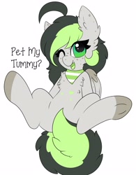 Size: 2907x3733 | Tagged: safe, artist:pegamutt, imported from derpibooru, oc, oc only, oc:bree, oc:bree jetpaw, pegasus, pony, bellyrub request, clothes, colored tongue, cowlick, curly tail, fangs, fluffy, freckles, looking at you, open mouth, pegamutt, scarf, solo, spots, text