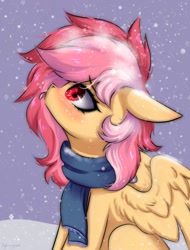 Size: 700x922 | Tagged: safe, artist:hydrargyrum, imported from derpibooru, oc, oc only, oc:cotton seams, pegasus, pony, clothes, looking up, scarf, simple background, sitting, snow, snowfall, solo, solo focus, tongue out