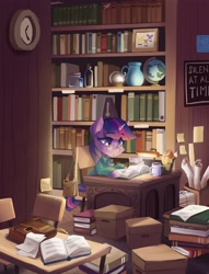 Size: 3132x4096 | Tagged: safe, artist:saxopi, imported from derpibooru, twilight sparkle, pony, unicorn, book, bookshelf, box, clock, clothes, glasses, globe, inkwell, jar, library, mug, quill, satchel, shirt, solo