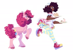 Size: 2048x1428 | Tagged: safe, artist:vivianaruyz, imported from derpibooru, pinkie pie, earth pony, human, pony, cake, clothes, dark skin, food, human ponidox, humanized, running, self ponidox, socks, striped socks, tongue out, unshorn fetlocks