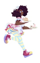 Size: 1285x2000 | Tagged: safe, artist:vivianaruyz, imported from derpibooru, pinkie pie, human, cake, clothes, dark skin, female, food, human coloration, humanized, natural hair color, open mouth, running, simple background, socks, solo, striped socks, white background