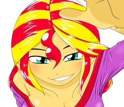 Size: 1480x1280 | Tagged: safe, artist:batipin, imported from derpibooru, sunset shimmer, equestria girls, breasts, busty sunset shimmer, cleavage, female, looking at you, simple background, smiling, solo, transparent background