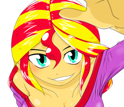 Size: 1480x1280 | Tagged: safe, alternate version, artist:batipin, imported from derpibooru, sunset shimmer, equestria girls, breasts, busty sunset shimmer, cleavage, female, looking at you, simple background, solo, transparent background