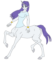 Size: 754x866 | Tagged: safe, alternate version, artist:cdproductions66, artist:nypd, imported from derpibooru, rarity, anthro, centaur, monster girl, alternate hairstyle, base used, blue eyes, bottomless, bracelet, breasts, busty rarity, centaurified, centaurity, clothes, eyeshadow, female, hooves, horn, human head, jewelry, long hair, makeup, medium breasts, missing cutie mark, partial nudity, purple hair, raised hooves, reasonably sized breasts, shirt, short sleeves, simple background, solo, transparent background, unicorn horn, unitaur