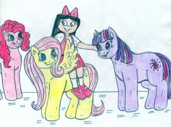 Size: 850x633 | Tagged: safe, artist:jose-ramiro, imported from derpibooru, fluttershy, pinkie pie, twilight sparkle, unicorn, crossover, female, females only, isabella garcia shapiro, phineas and ferb, traditional art, unicorn twilight