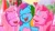 Size: 1280x720 | Tagged: safe, imported from derpibooru, screencap, minty, pinkie pie, pinkie pie (g3), rainbow dash, rainbow dash (g3), earth pony, pony, a very pony place, positively pink, covered in paint, eyes closed, female, g3, heart, laughing, laughingmares.jpg, paint, party, party cake place, pink minty, pink paint, pink rainbow dash, smiling, trio, trio female