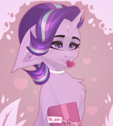 Size: 1800x2000 | Tagged: safe, artist:villjulie, imported from derpibooru, starlight glimmer, pony, unicorn, chest fluff, choker, heart, heart eyes, jewelry, lidded eyes, mouth hold, present, solo, wingding eyes