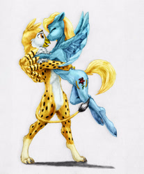 Size: 3182x3852 | Tagged: safe, artist:joestick, editor:vedont, imported from derpibooru, oc, oc only, oc:beaky, oc:brave blossom, cheetah, griffon, pegasus, pony, semi-anthro, fanfic:yellow feathers, beak, colored, female, high res, hug, kissing, male, milf, mother and child, mother and son, wings