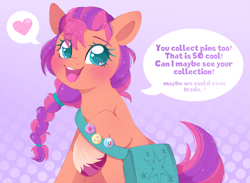Size: 2235x1634 | Tagged: safe, artist:adostume, imported from derpibooru, sunny starscout, earth pony, pony, adorkable, badge, bag, blushing, braid, coat markings, cute, cutie mark, dork, eyelashes, female, fluffy, fluttershy's cutie mark, g4, g5, heart, in-universe pegasister, looking at you, mare, markings, one leg raised, pin, rainbow dash's cutie mark, raised hoof, satchel, shoulder bag, simple background, sitting, smiling, socks (coat marking), socks (coat markings), solo, speech bubble, sunnybetes, talking to viewer, teeth, tongue out, twilight sparkle's cutie mark, unshorn fetlocks