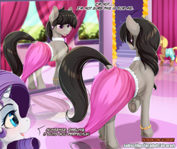Size: 1000x840 | Tagged: safe, alternate version, artist:alcor, imported from derpibooru, octavia melody, rarity, earth pony, pony, unicorn, clothes, curtains, dialogue, dock, ear piercing, earring, female, frog (hoof), jewelry, mare, mirror, open mouth, piercing, raised hoof, stairs, text, underhoof
