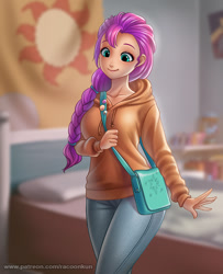 Size: 900x1107 | Tagged: safe, artist:racoonsan, imported from derpibooru, sunny starscout, human, anime, badge, bag, bed, bedroom, braid, breasts, clothes, cute, eyebrows, eyelashes, female, g5, hair, holding, humanized, jeans, long hair, pants, satchel, scene interpretation, shoulder bag, smiling, solo, standing, sunnybetes, sweater