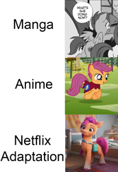 Size: 883x1286 | Tagged: safe, imported from derpibooru, scootaloo, sunny starscout, earth pony, pegasus, pony, spoiler:my little pony: a new adventure, spoiler:my little pony: a new generation, butt, g5, manga, meme, my little pony: a new adventure, my little pony: a new generation, netflix, netflix adaptation, plot, scootabutt