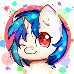 Size: 2000x2000 | Tagged: safe, artist:emy12126, artist:emyjk, imported from derpibooru, dj pon-3, vinyl scratch, pony, unicorn, abstract background, bust, chest fluff, chibi, colored pupils, cute, deviantart watermark, female, head only, mare, missing accessory, obtrusive watermark, one eye closed, portrait, smiling, solo, starry eyes, vinylbetes, watermark, wingding eyes, wink