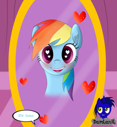 Size: 3840x4154 | Tagged: safe, artist:damlanil, imported from derpibooru, rainbow dash, pegasus, pony, 20% cooler, blushing, carousel boutique, comic, cute, dashabetes, female, happy, heart, heart eyes, looking at you, mare, mirror, open mouth, simple background, smiling, text, vector, wingding eyes, wings
