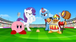 Size: 960x540 | Tagged: safe, artist:mariorobles2, imported from derpibooru, rarity, trixie, king dedede, kirby, kirby (character), kirby (series), puffball, vs