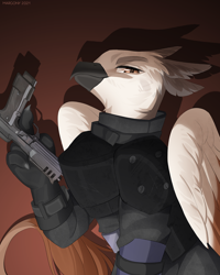 Size: 960x1200 | Tagged: safe, artist:margony, imported from derpibooru, oc, oc only, griffon, armor, beak, commission, digital art, griffon oc, gun, handgun, looking at you, male, simple background, sitting, solo, tail, weapon, wings