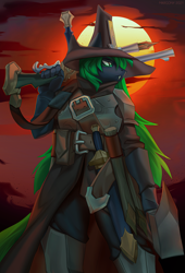 Size: 1022x1504 | Tagged: safe, artist:margony, imported from derpibooru, oc, oc only, anthro, earth pony, armor, clothes, commission, digital art, fangs, gun, hat, male, rifle, solo, sunset, sword, tail, vampire hunter, warhammer (game), weapon