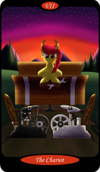 Size: 1500x2591 | Tagged: safe, artist:sixes&sevens, imported from derpibooru, part of a set, apple bloom, earth pony, pony, apple cart, braid, crossed hooves, engine, female, major arcana, mountain, mountain range, older, older apple bloom, outdoors, solo, sunset, tarot card, the chariot, wrench