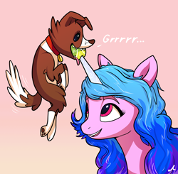 Size: 2250x2204 | Tagged: safe, artist:docwario, imported from derpibooru, izzy moonbow, winona, dog, pony, unicorn, angry, ball, biting, collar, cute, dialogue, drool, female, g5, gradient background, growling, grrrr, high res, horn, horn guard, horn impalement, hornball, izzy's tennis ball, mare, noise, open mouth, pink background, sharp teeth, simple background, smiling, tail, teeth, tennis ball, tongue out