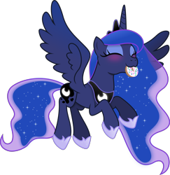 Size: 5348x5501 | Tagged: safe, artist:anime-equestria, imported from derpibooru, princess luna, alicorn, pony, :3, absurd resolution, anime-equestria is trying to murder us, blushing, crown, cute, donut, eyes closed, eyeshadow, featured image, female, flying, food, happy, horn, jewelry, lunabetes, makeup, mare, mouth hold, nom, regalia, simple background, smiling, solo, spread wings, sweet dreams fuel, three quarter view, transparent background, vector, weapons-grade cute, wings