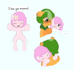 Size: 4702x4438 | Tagged: safe, artist:parfait, imported from derpibooru, oc, oc only, oc:kayla, oc:papaya, earth pony, pony, bed, blushing, cute, dialogue, female, filly, flower, flower in hair, freckles, hug, mother and child, mother and daughter, simple background, solo, solo female, tucking in, white background