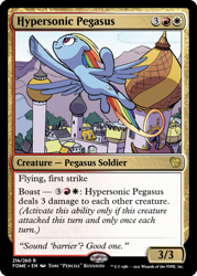 Size: 375x523 | Tagged: safe, artist:pencils, edit, imported from derpibooru, rainbow dash, pegasus, spoiler:comic95, canterlot, ccg, contrail, flying, imminent sonic rainboom, magic the gathering, trading card, trading card edit