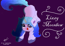 Size: 1280x905 | Tagged: safe, artist:irsyakistasakhavi, imported from derpibooru, izzy moonbow, pony, unicorn, deviantart watermark, female, g5, mare, misspelling, obtrusive watermark, purple background, signature, simple background, solo, text, tongue out, unshorn fetlocks, watermark