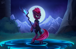 Size: 2644x1704 | Tagged: safe, artist:xanter, imported from derpibooru, tempest shadow, pony, semi-anthro, unicorn, armor, clothes, cute, female, grass, high res, horn, magic, mare, moon, mountain, night, rock, solo, staff, staff of sacanas