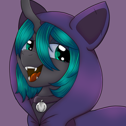 Size: 1200x1200 | Tagged: safe, artist:thatfamouspony, imported from derpibooru, oc, oc only, oc:ichora, changeling, bell, bell collar, cat bell, changeling oc, clothes, collar, fangs, female, hoodie, horn, jingle bells, looking at you, open mouth, purple background, simple background, solo, teeth
