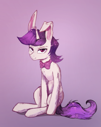 Size: 793x989 | Tagged: safe, artist:tatykin, colorist:xbi, imported from derpibooru, oc, oc only, oc:lapush buns, pony, unicorn, bowtie, bunny ears, digital art, digitally colored, gradient background, looking at you, male, mixed media, sitting, solo, stallion, traditional art