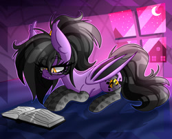 Size: 1630x1320 | Tagged: safe, artist:lady lullaby star, imported from derpibooru, oc, oc only, oc:midnight oil, bat pony, pony, bat pony oc, bat wings, bed, book, clothes, crescent moon, eyelashes, fangs, female, glasses, lying down, mare, moon, nerd, night, socks, solo, stars, window, wings