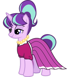 Size: 1329x1523 | Tagged: safe, anonymous artist, derpibooru exclusive, imported from derpibooru, starlight glimmer, stepford ponies, pony, unicorn, .svg available, bedroom eyes, clothes, dress, eyelashes, female, horn, jewelry, makeup, mare, necklace, pearl necklace, simple background, smiling, solo, svg, transparent background, vector