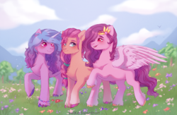 Size: 3500x2286 | Tagged: safe, artist:anku, artist:belkasweet, imported from derpibooru, izzy moonbow, pipp petals, sunny starscout, earth pony, pegasus, pony, unicorn, blushing, braid, chest fluff, cloud, female, flower, g5, grass, high res, mare, mountain, open mouth, pipp, raised hoof, sky, slim, smiling, tree, trio, unshorn fetlocks, wings