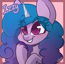 Size: 1242x1220 | Tagged: safe, artist:sakukitty, artist:sakukittyy, imported from derpibooru, izzy moonbow, pony, unicorn, blushing, colored pupils, cute, eye clipping through hair, eyelashes, female, g5, grin, izzybetes, mare, simple background, smiling, solo, solo female, teeth, text, unshorn fetlocks