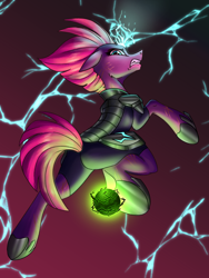 Size: 3000x4000 | Tagged: safe, artist:faline-art, imported from derpibooru, tempest shadow, pony, unicorn, my little pony: the movie, armor, badass, broken horn, electricity magic, female, floppy ears, horn, lightning, mare, solo, sparking horn