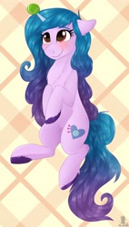 Size: 2322x4096 | Tagged: safe, artist:monsoonvisionz, imported from derpibooru, izzy moonbow, pony, unicorn, spoiler:g5, spoiler:g5 movie, abstract background, ball, blushing, chest fluff, female, floppy ears, g5, g5 movie, high res, horn, horn guard, horn impalement, hornball, izzy's tennis ball, mare, simple background, smiling, solo, solo female, sternocleidomastoid, tennis ball, unshorn fetlocks