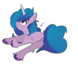 Size: 4760x3992 | Tagged: safe, artist:groomlake, imported from derpibooru, izzy moonbow, pony, unicorn, butt, female, g5, looking at you, lying down, mare, plot, simple, simple background, solo, white background