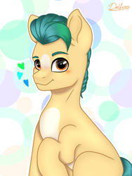 Size: 768x1024 | Tagged: safe, artist:delfinaluther, imported from derpibooru, hitch trailblazer, earth pony, pony, spoiler:g5, abstract background, blaze (coat marking), blushing, coat markings, facial markings, g5, heart, looking at you, male, pale belly, raised hoof, signature, sitting, smiling, solo, stallion