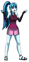 Size: 1408x3000 | Tagged: safe, artist:artemis-polara, imported from derpibooru, sonata dusk, equestria girls, breasts, busty sonata dusk, clothes, confused, evening gloves, feet, fingerless elbow gloves, fingerless gloves, gloves, long gloves, nail polish, open mouth, sandals, shirt, shrug, simple background, skirt, solo, toes, transparent background